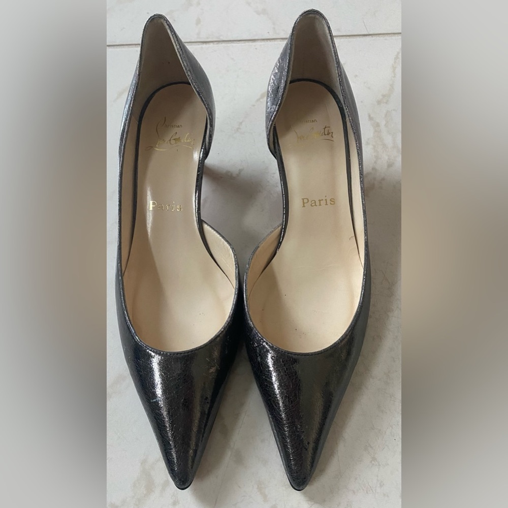 Christian Louboutin Black silver metallic Patent Pointed-Toe D'Orsay Pumps 0571